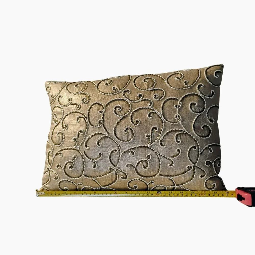 Gold Beaded Decorative Lumbar Pillow, Duck Feather Insert 18x12 Elegant LIKE NEW